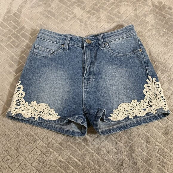 BDG Pants - BDG Womens 25 Denim Jean Short Shorts Blue Erin Crochet Embroidered Mid Rise